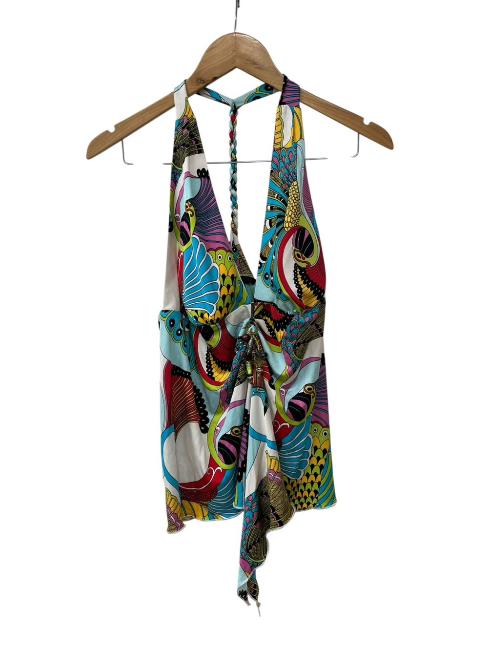 NWT Y2K Single Halter Paisley Tassel Jewel Silk Jersey Top Tank L